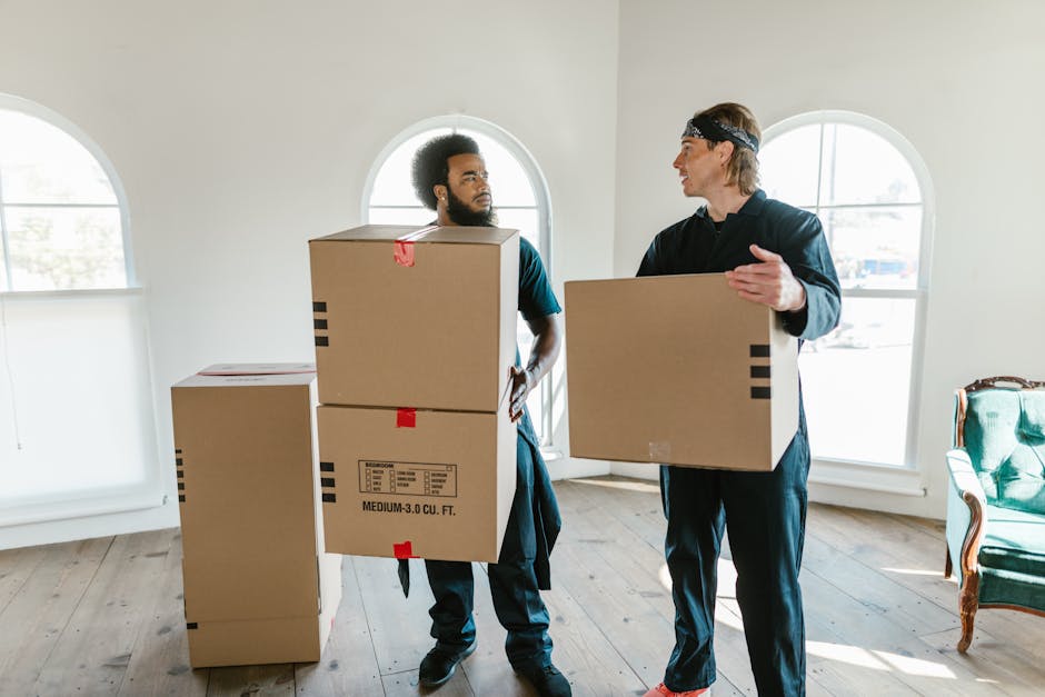 Two movers from Man with Van Harringay are inside a well-lit room with large, arched windows, preparing for home relocation. One mover, with curly black hair and a beard, is carrying a medium-sized cardboard box branded with shipping labels, positioned vertically with red tape on the top and bottom. The other mover, wearing a headband and dressed in dark clothing, is holding a similar cardboard box and appears to be engaging in conversation, possibly coordinating the loading process. In the background, several other boxes of various sizes are stacked on the wooden floor, some sealed with packing tape. The room's walls are clean and white, with natural light streaming through the windows, highlighting the details of the moving equipment, including blankets and straps visible near the boxes. This scene captures the organized packaging and lifting activities typical during furniture transport and packing for a professional removal service, supporting efficient and careful home relocation.